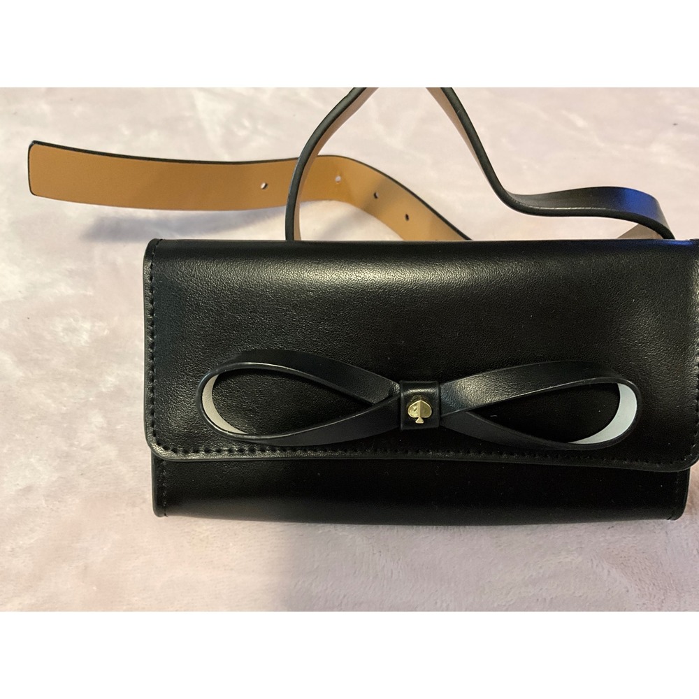 Kate Spade New York Black Leather Bow Belt Bag Fanny Pack Gold Logo